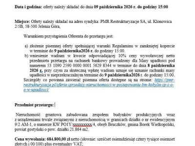 Nieruchomość gruntowa zabudowana zespołem budynków produkcyjnych - BRUCZKÓW - WOJ. WIELKOPOLSKIE